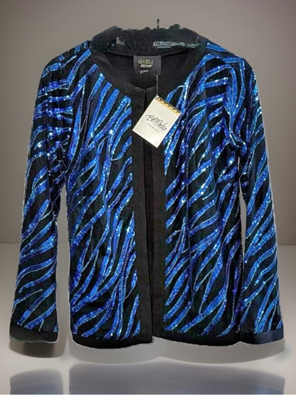 NWT Bob Mackie Wearable Art Blue Sequin Zebra Cardigan XS Open Front